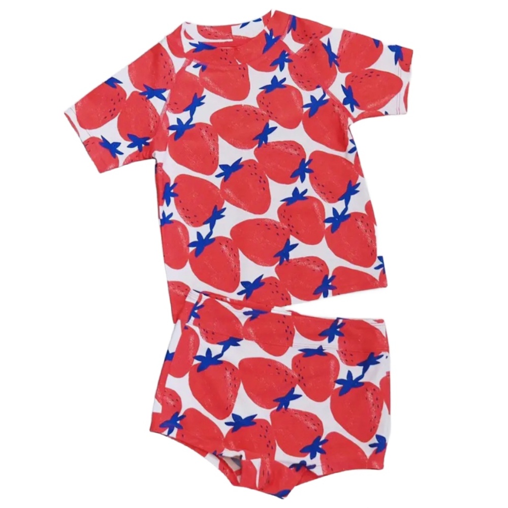 Strawberry Short Sleeve Top & Swim Trunks Swimwear 2pc Set Girls Swimsuit New